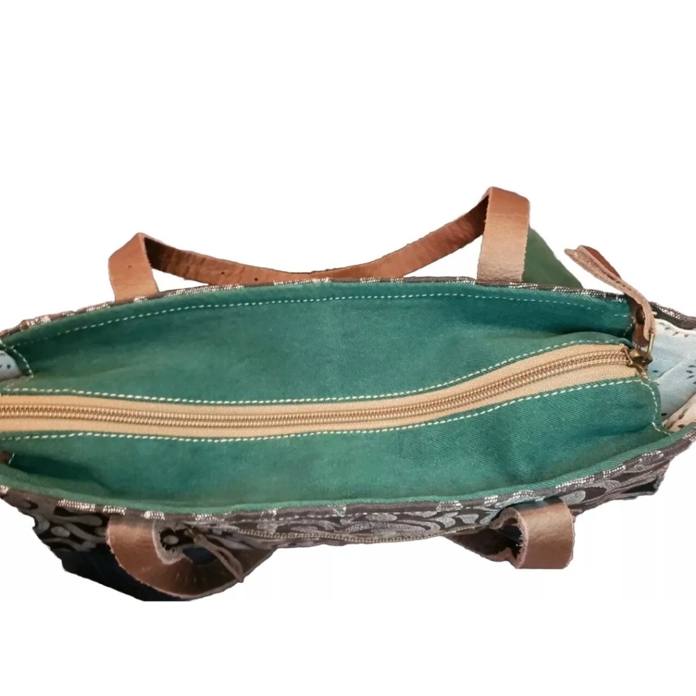 Myra Canvas Leather Zippered Tote Bag Purse Green Ivory Black - Picture 6 of 6
